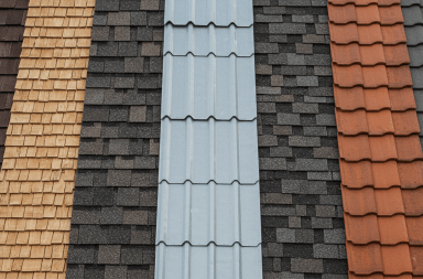 a section of a roof showing different roofing materials