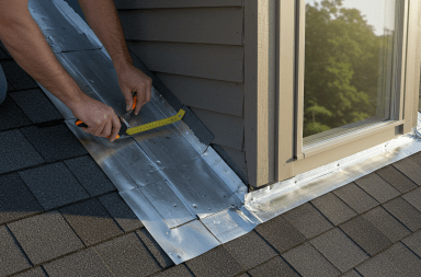 A worker installing roof flashing on a roof