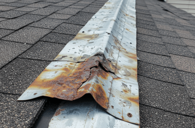 Close-up of rusted roof flashing on a roof