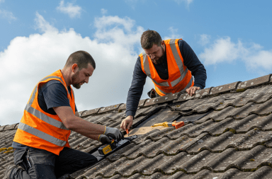 two men fixing a roof